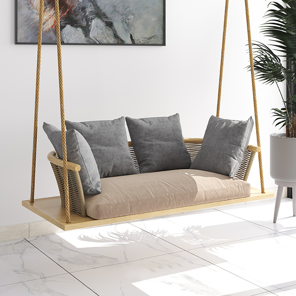 Ash Wood Swing Sofa Loveseat Woven In Pe Rattan With Cushion