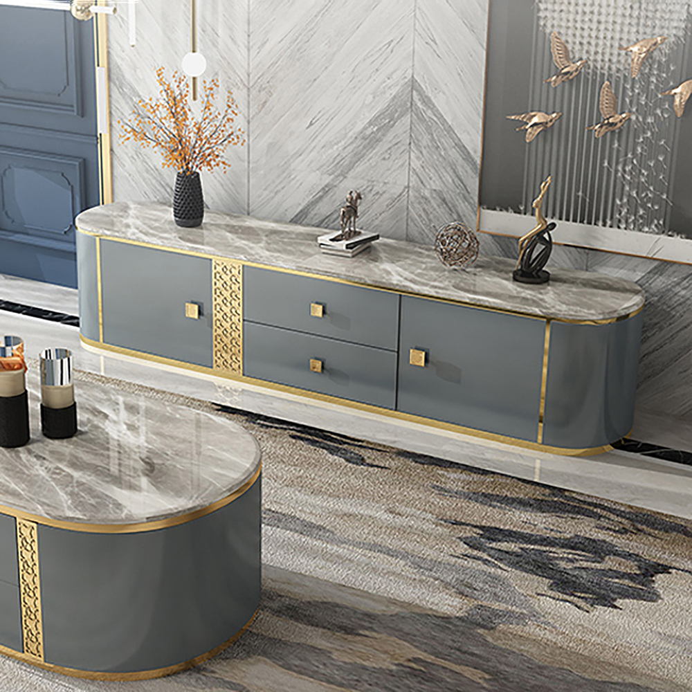 

Stone Tabletop Oval 2 Drawers TV Stand with Storage Faux Leather