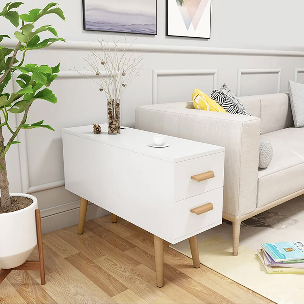

White Rectangle End Table with Drawers Modern Sofa Table for Living Room