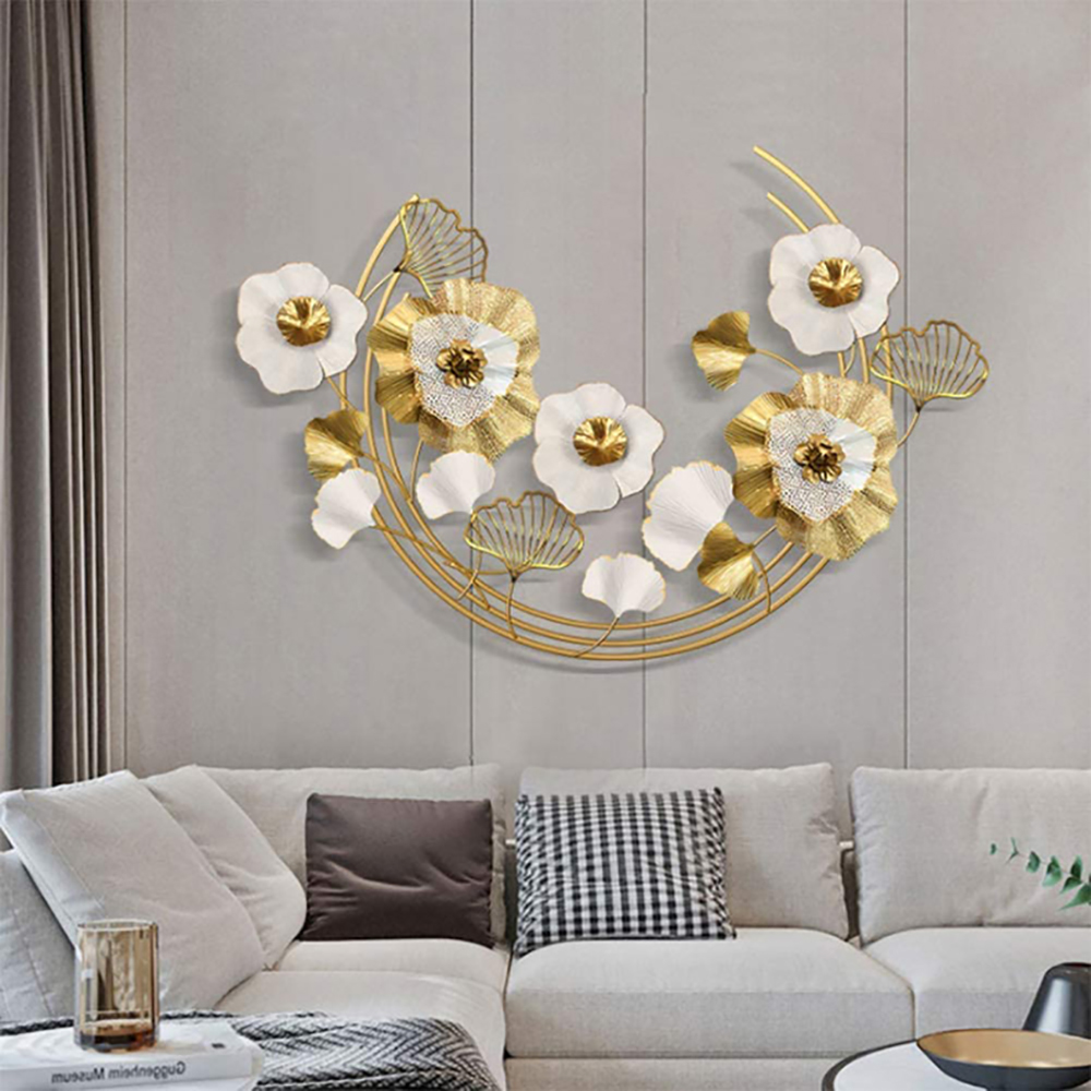 Luxury Metal Wall Decor Art with Gold & White Leaves & Flowers