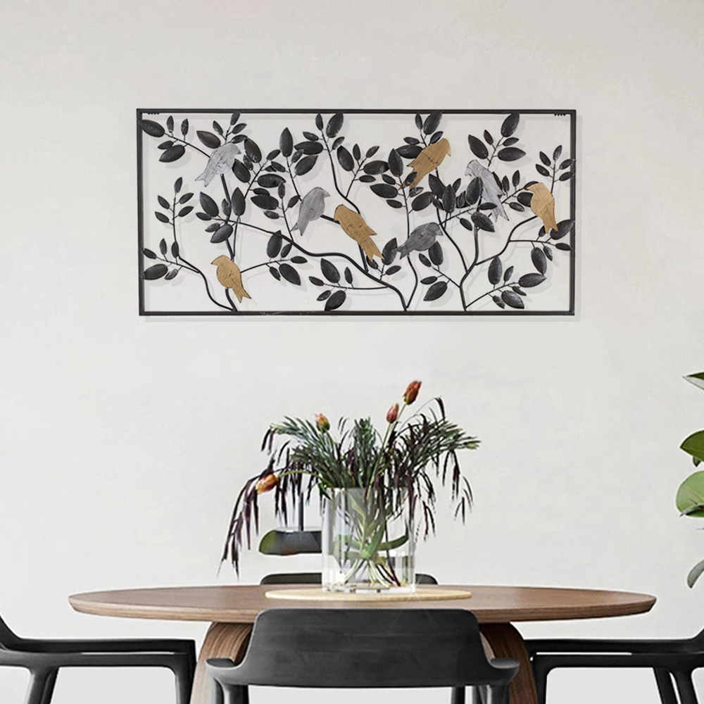 

Retro Farmhouse Branches Birds Metal Wall Decor with Rectangular Frame