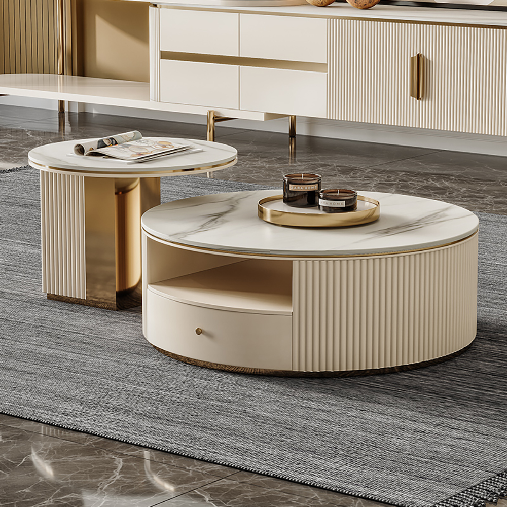 

Modern Chic Round Nesting Coffee Table with Storage White Stone Coffee Table Set of 2