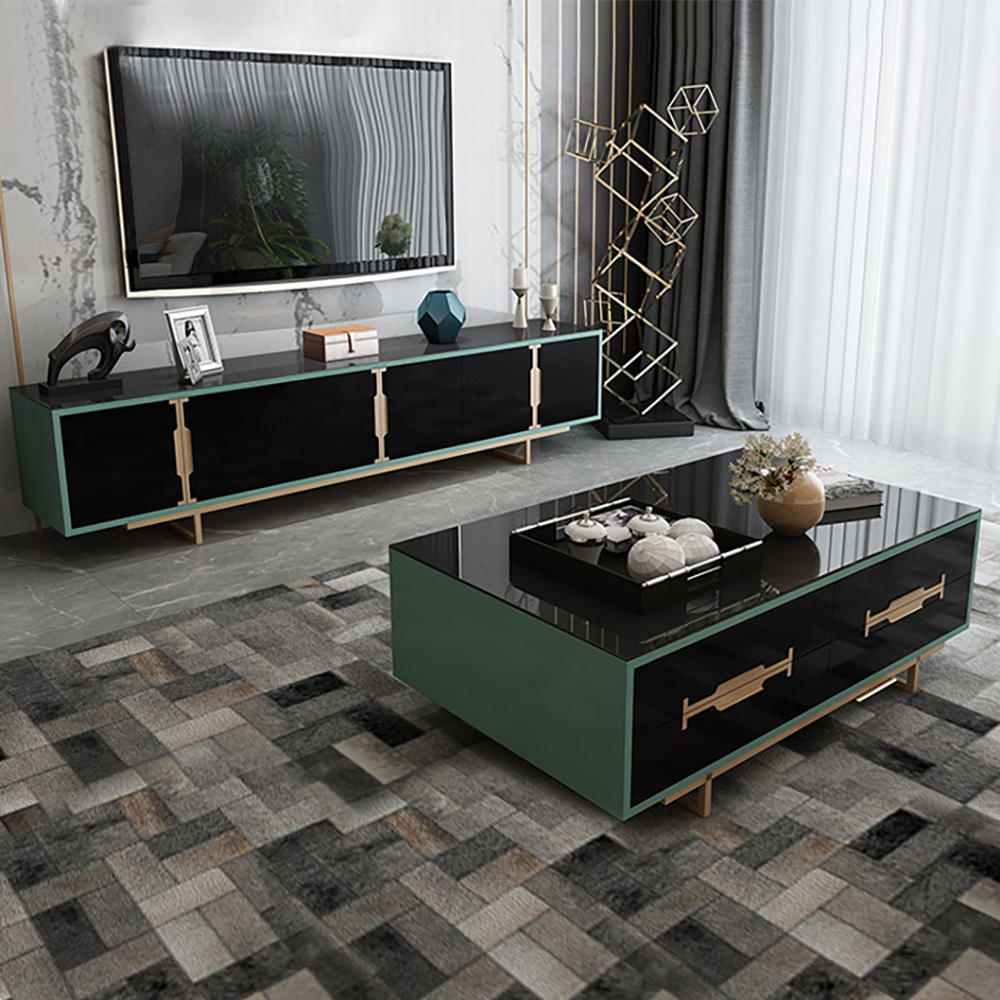 

Modern Green Tempered Glass Coffee Table TV Stand Storage Living Room Set of 2