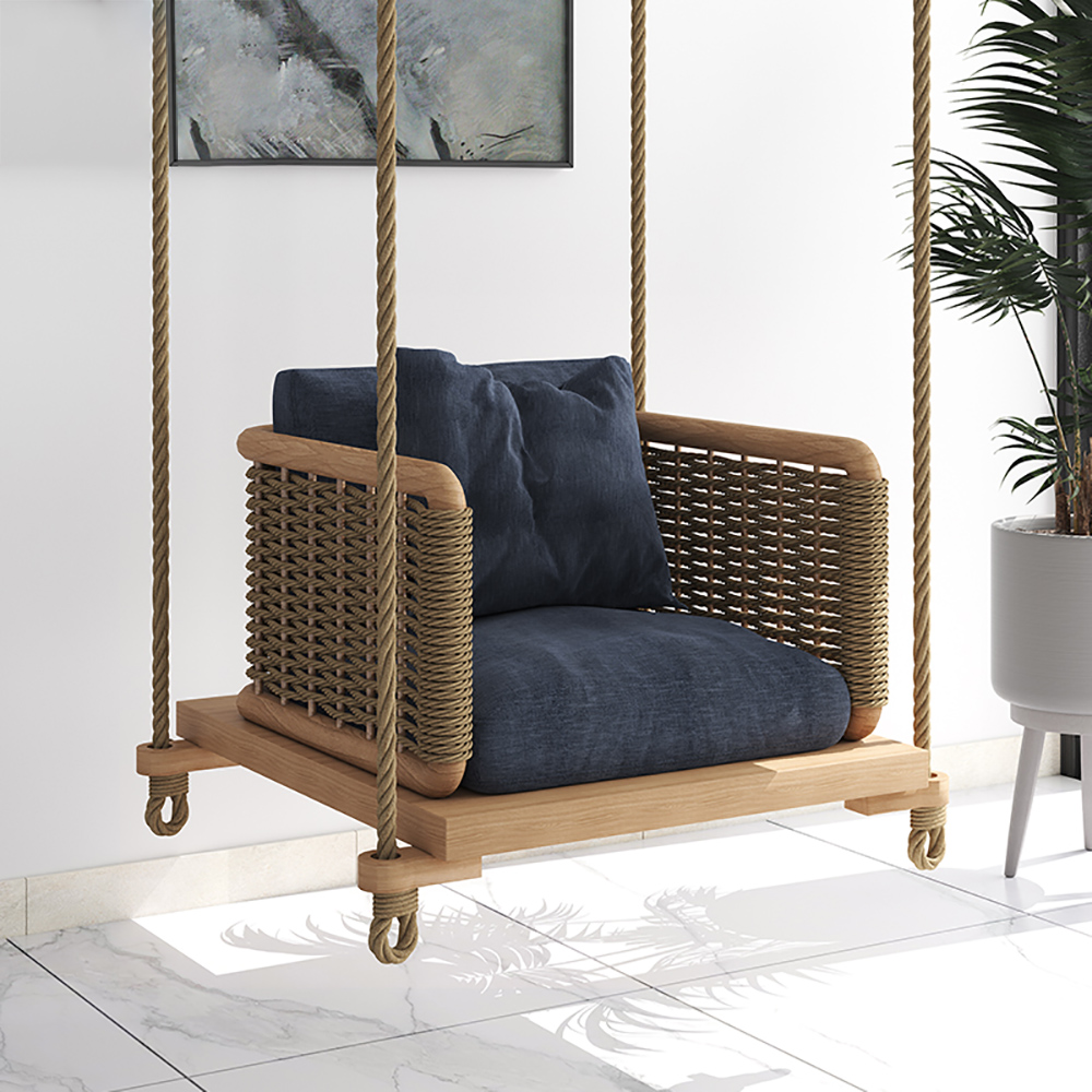 

Wood Deep Blue Swing Sofa Single Square Seat in Nylon Rope