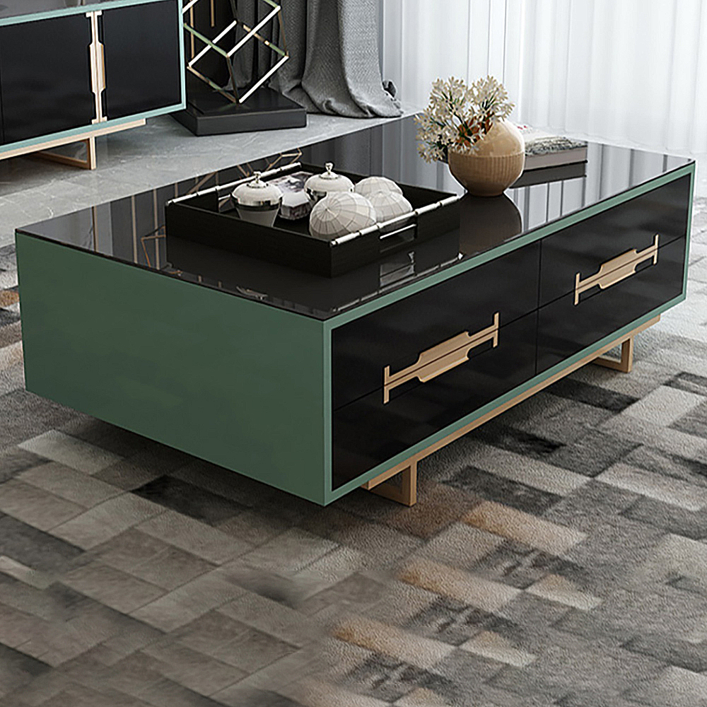 

Modern Green Rectangular Tempered Glass Coffee Table with Storage 8 Drawers