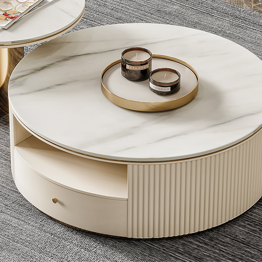 Modern Chic Round Nesting Coffee Table with Storage White Stone Coffee ...