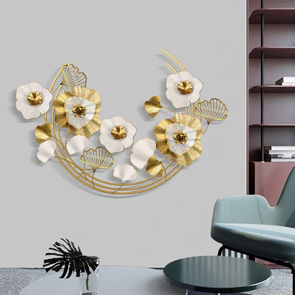 Luxury Metal Wall Decor Art with Gold & White Leaves & Flowers