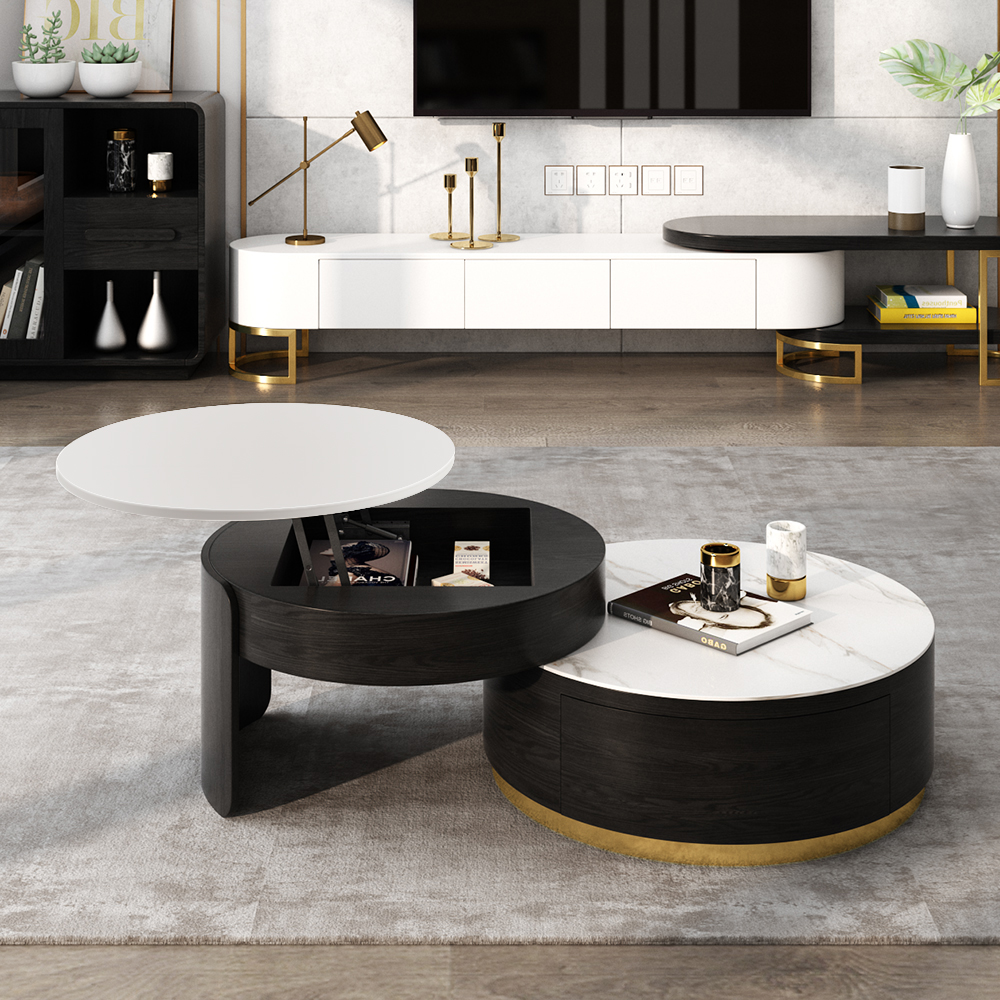 

Modern Round Coffee Table with Storage Lift-Top Wood & Stone Coffee Table with 2 Drawers