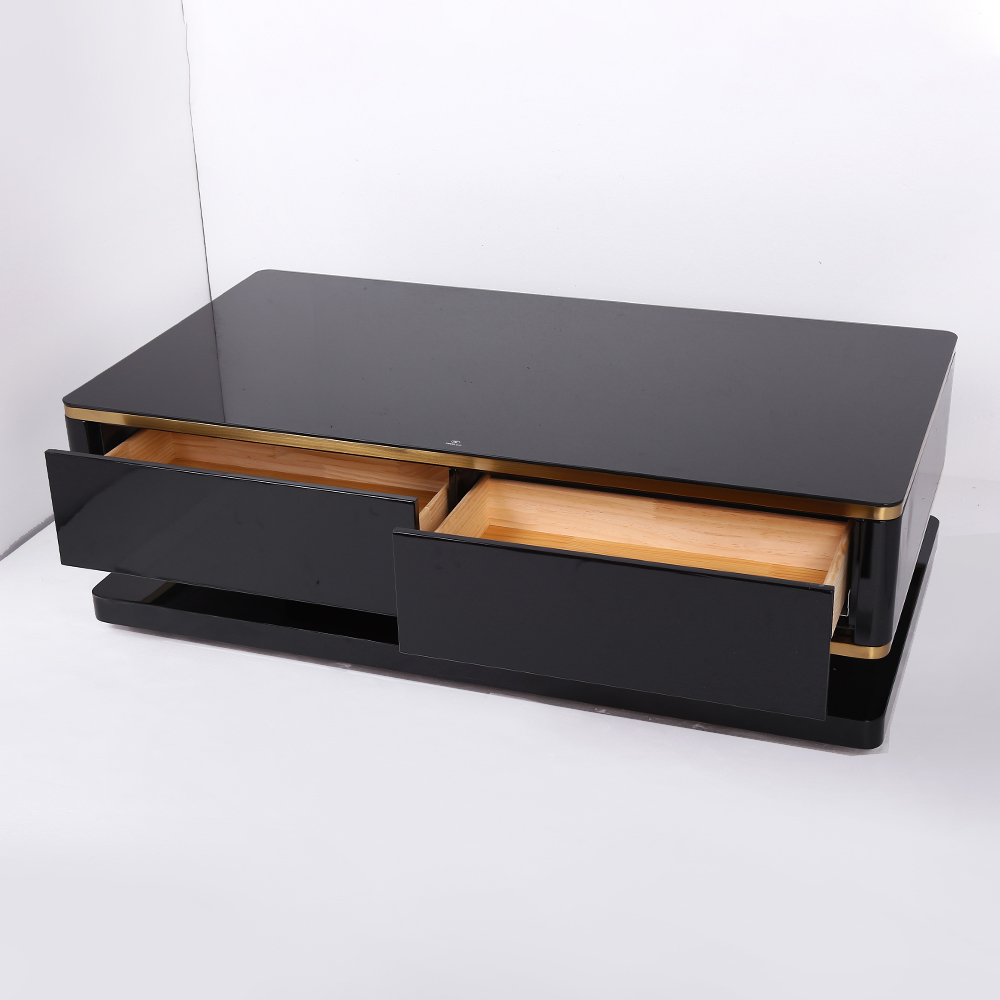 51" Black Rectangular Coffee Table with Storage 4 Drawers Tempered Glass Top