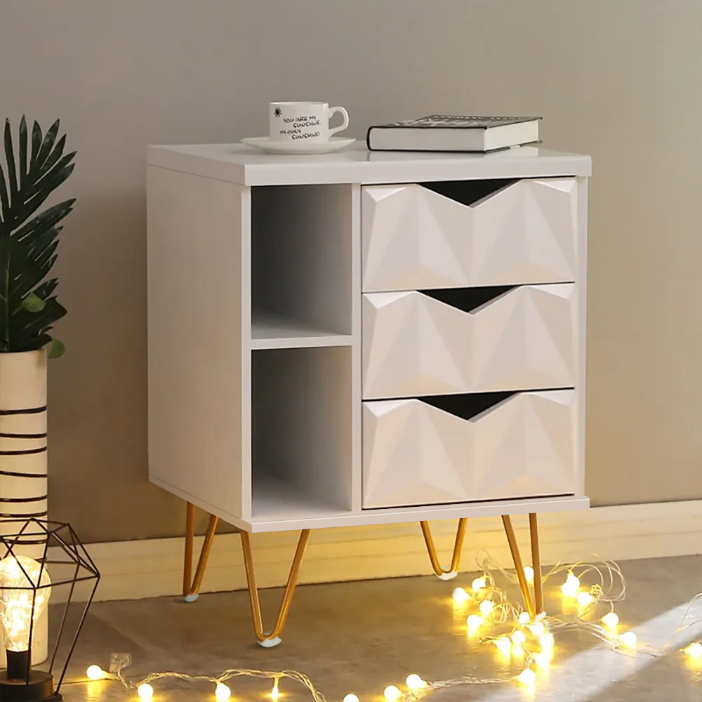 

Modern White Nightstand Rhombic Surface Bedside Cabinet with Drawers & Shelf in Gold