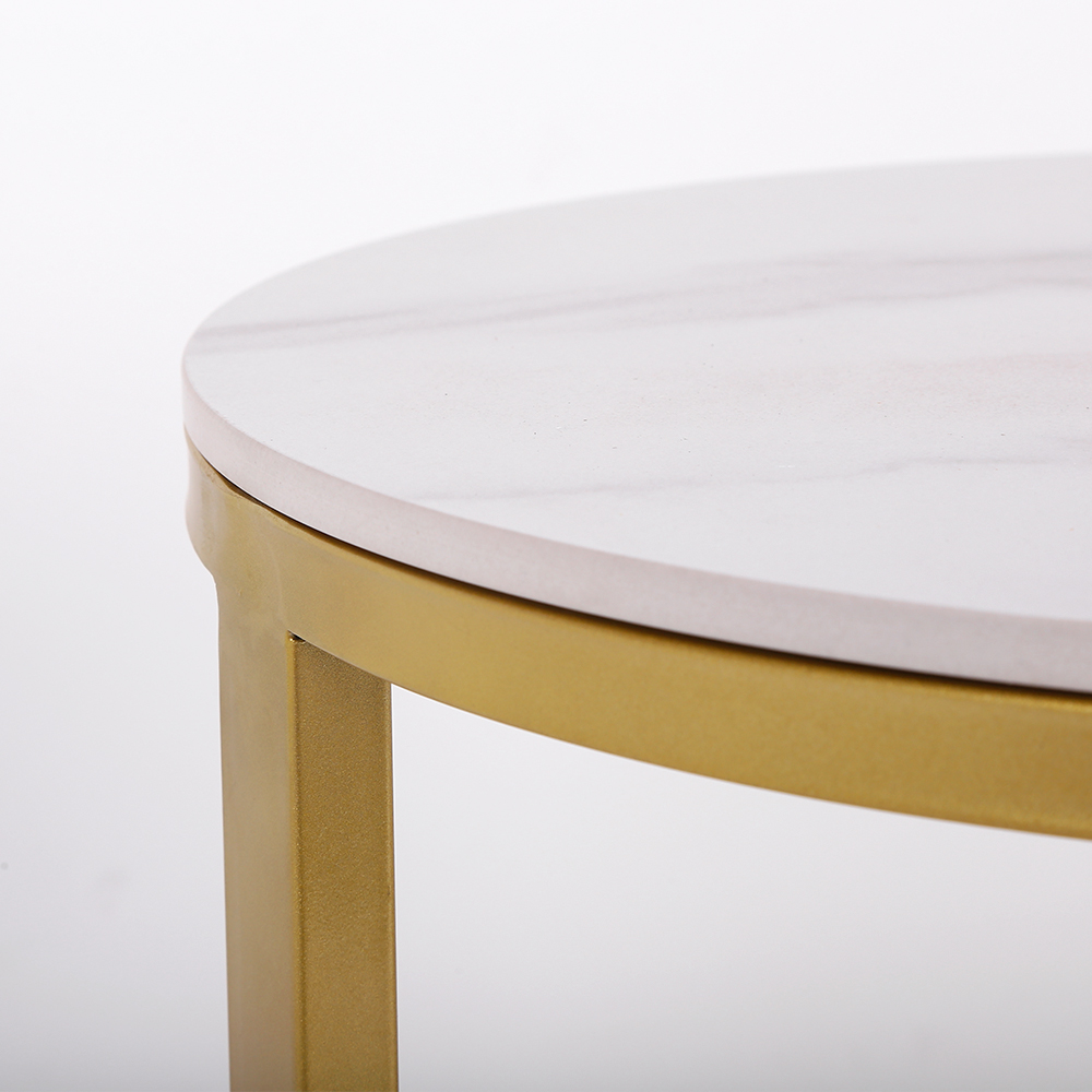 White Round Stone Side Table with Drawer Velvet Gold Finish