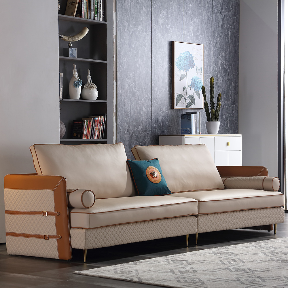 

110.2" 4-Seater Beige & Orange Vegan Leather Sofa with Diamond Stripes