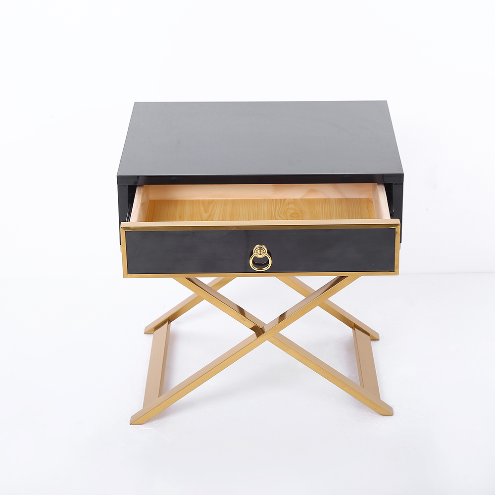 Black Nighstand with Drawer Bedside Table with X-Shaped Stainless Steel Base
