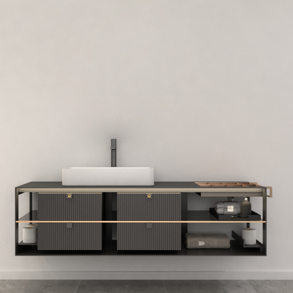 

63.8" Industrial Black Wall Mounted Bathroom Vanity with LED Drawers & Shelf