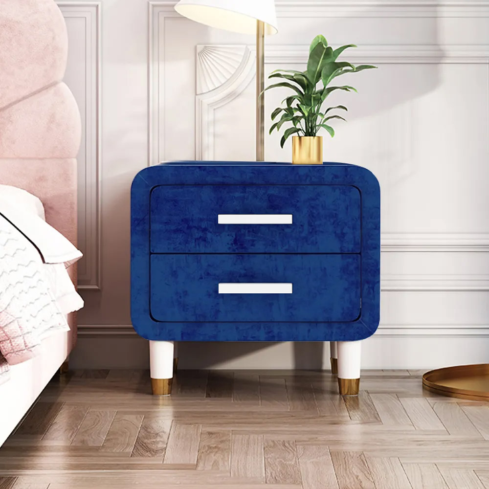 

Modern Blue Velvet Nightstand with 2 Drawers Bedroom