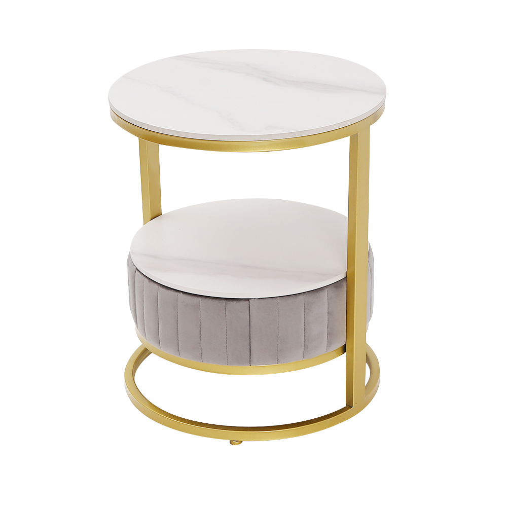 White Round Stone Side Table with Drawer Velvet Gold Finish