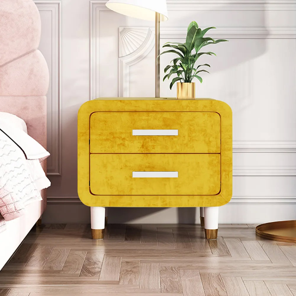 Modern Yellow Velvet Nightstand with 2 Drawers Bedroom