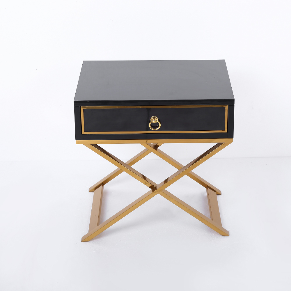 Black Nighstand with Drawer Bedside Table with X-Shaped Stainless Steel Base