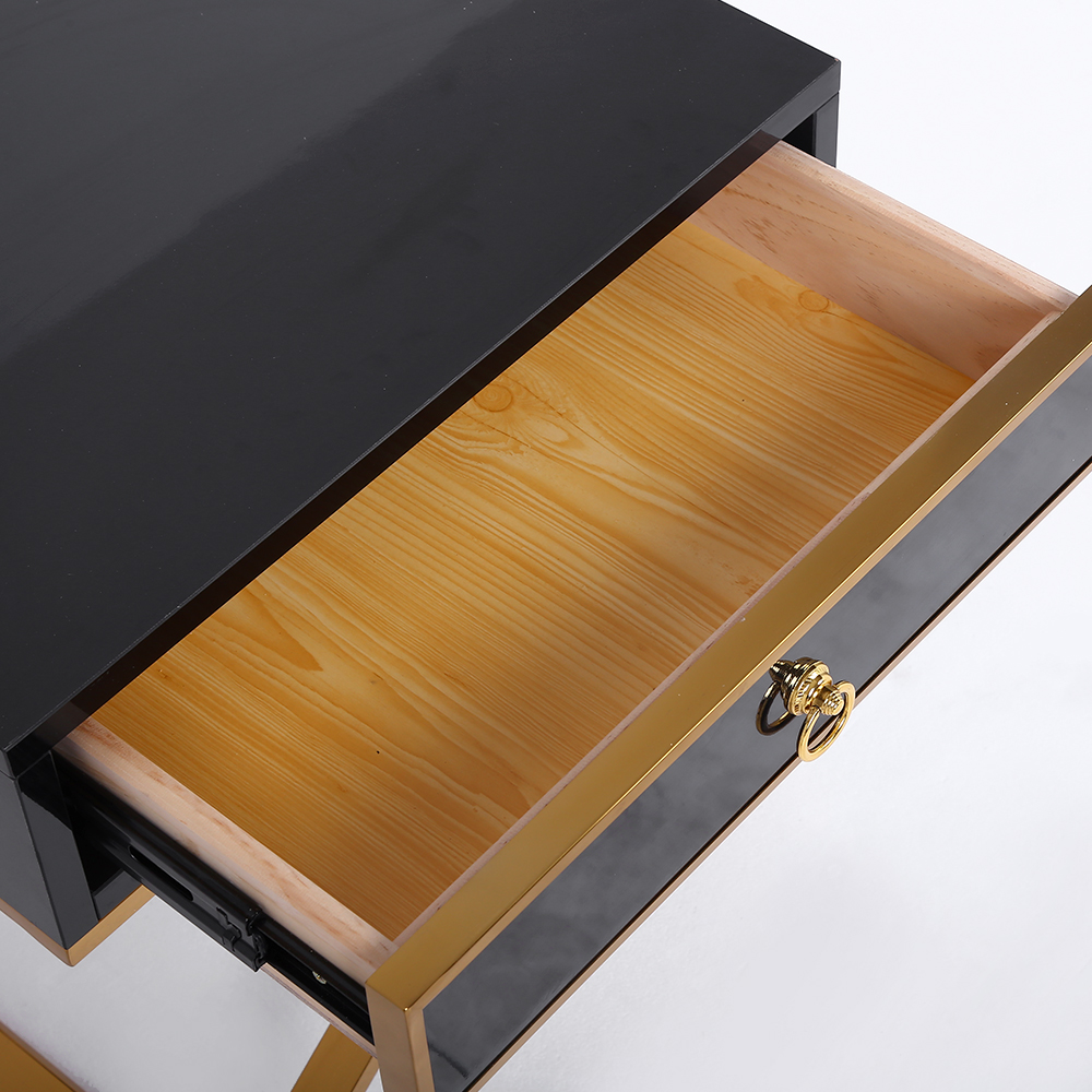 Table de chevet noire avec tiroir et base en acier inoxydable en forme de X