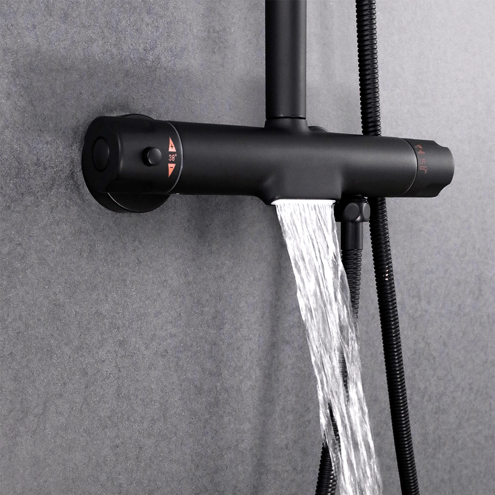 Black Exposed Rain Spray Shower Fixture with Handshower & Waterfall Tub Spout