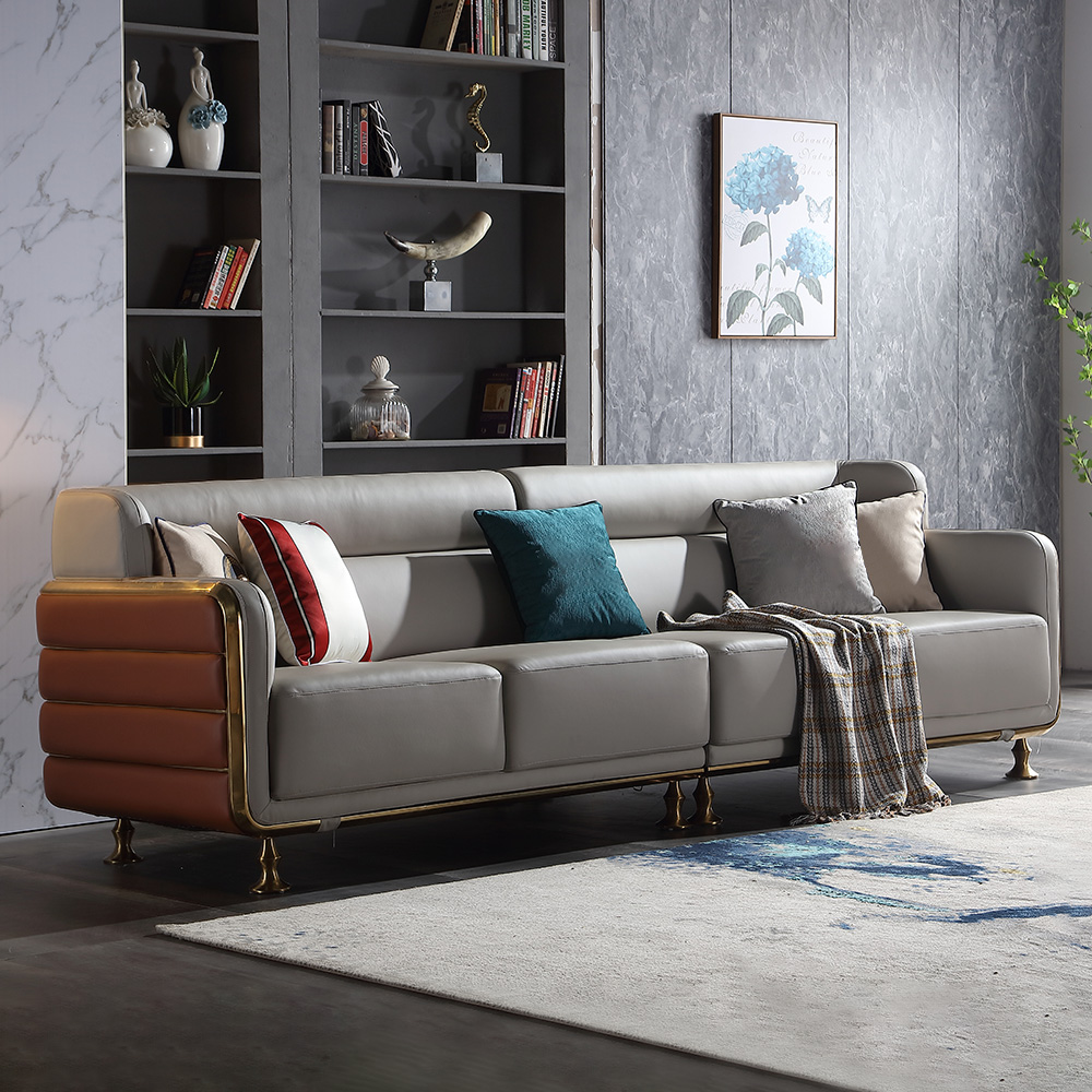 

110.2" 4-Seater Gray Vegan Leather Sofa with Stainless Steel Frame