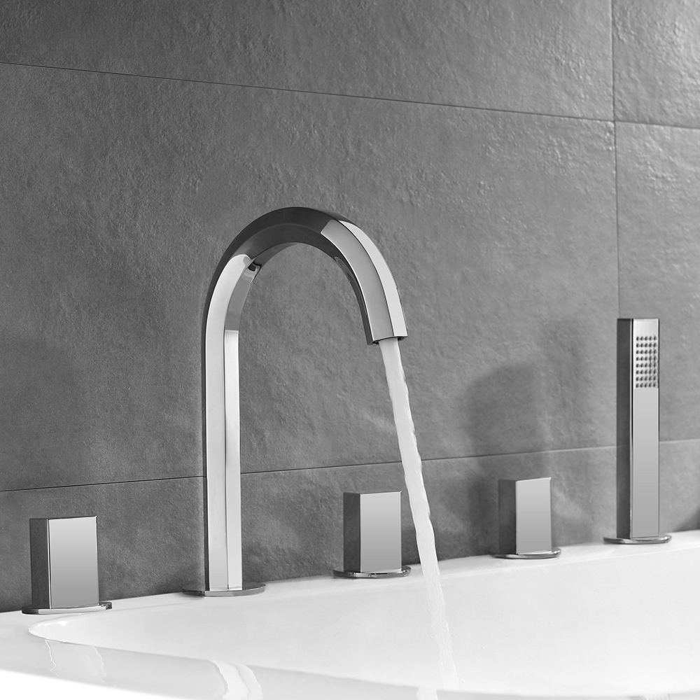 

Chrome Modern Bathtub Faucet 3-Handle Deck Mounted Roman Tub Faucet & Hand Shower