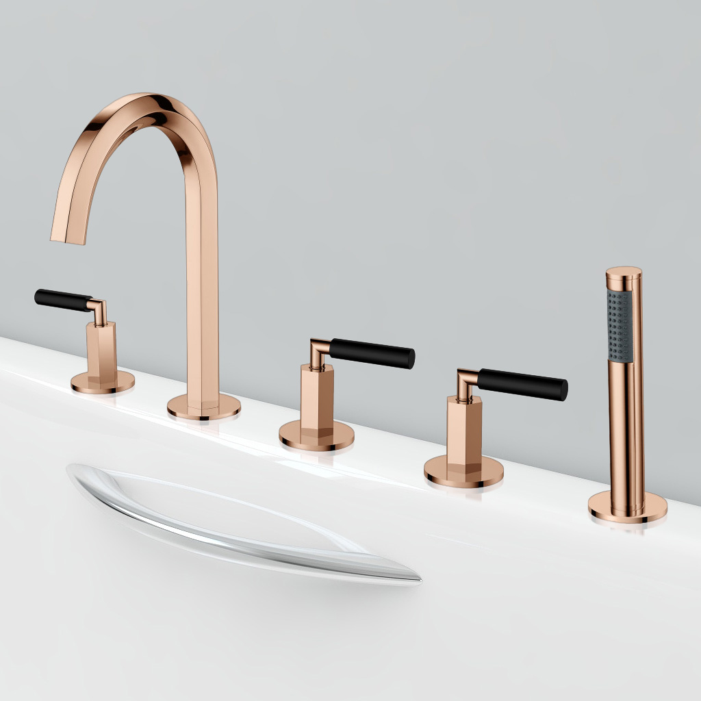 

Modern Rose Gold Deck Mounted Bathtub Faucet 3-Handle Roman Tub Faucet & Hand Shower