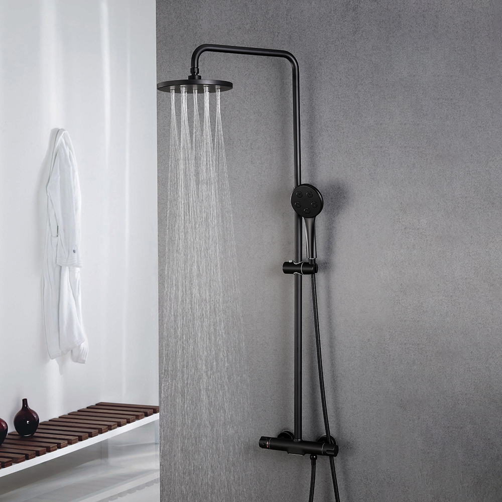 

Black Exposed Rain Spray Shower Fixture with Handshower & Waterfall Tub Spout