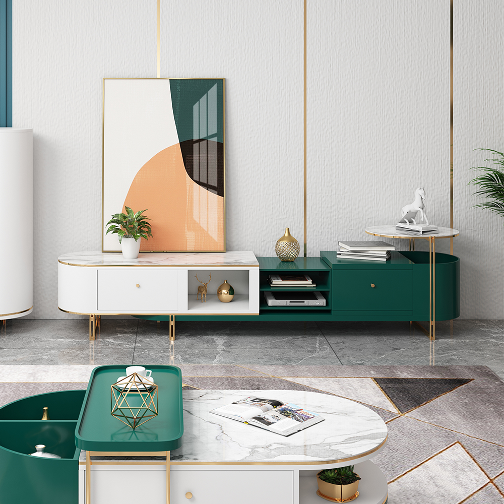 

Modern Extendable Oval TV Console with Storage in White & Green