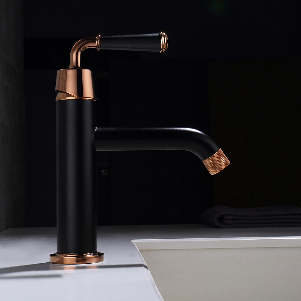 Black & Rose Gold Bathroom Single Lever Handle Tap Solid Brass Monobloc Basin Mixer Tap
