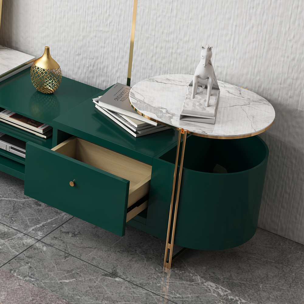 Modern Extendable Oval TV Console with Storage in White & GreenHomary