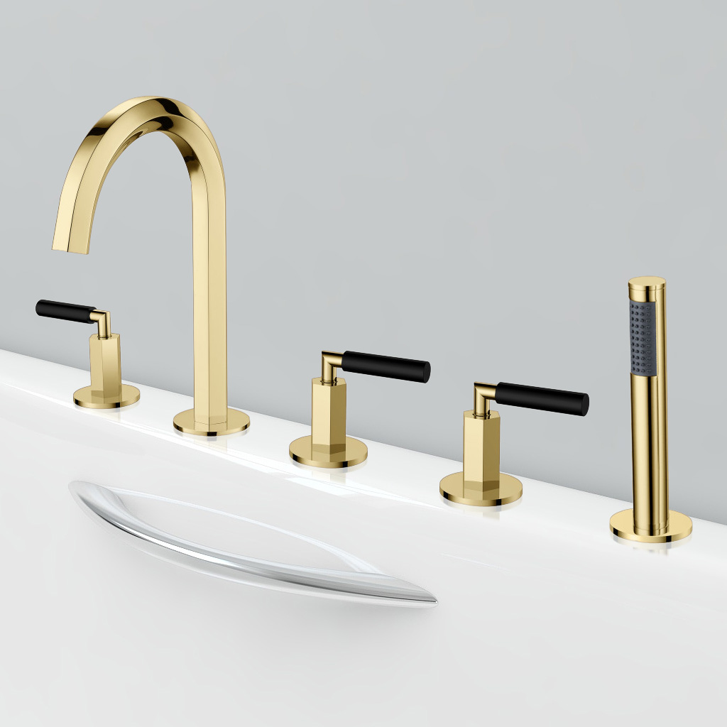 

Modern Gold Deck Mounted Bathtub Faucet 3-Handle Roman Tub Faucet & Hand Shower