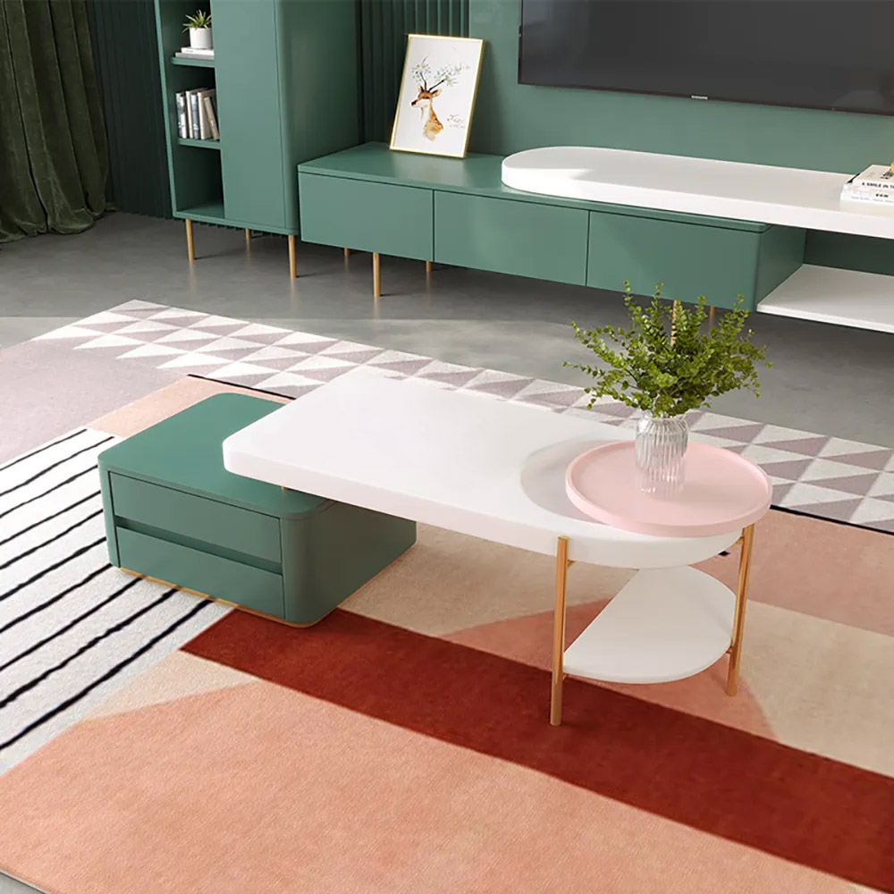 

Contemporary Pink & White & Green Coffee Table with Storage Extendable Table