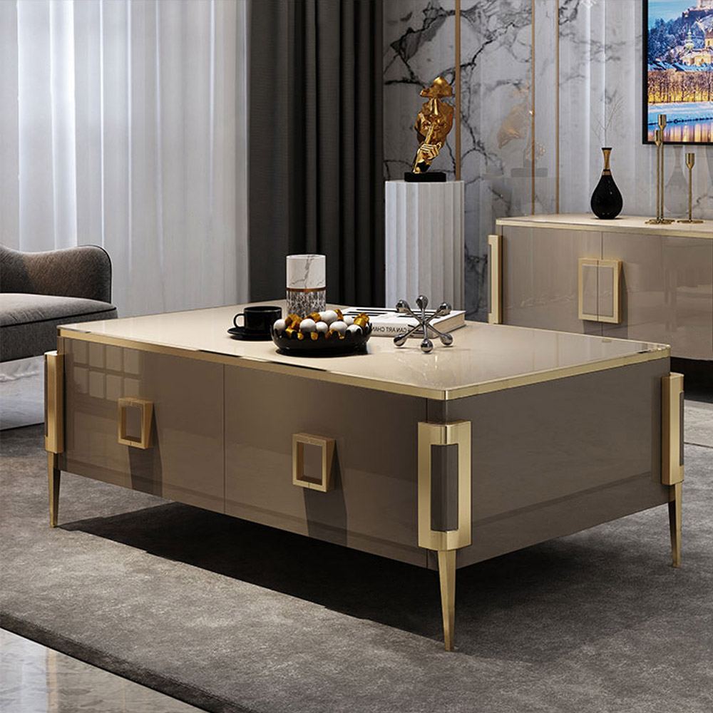 Modern Rectangular Coffee Table with Drawers with Tempered Glass Tabletop