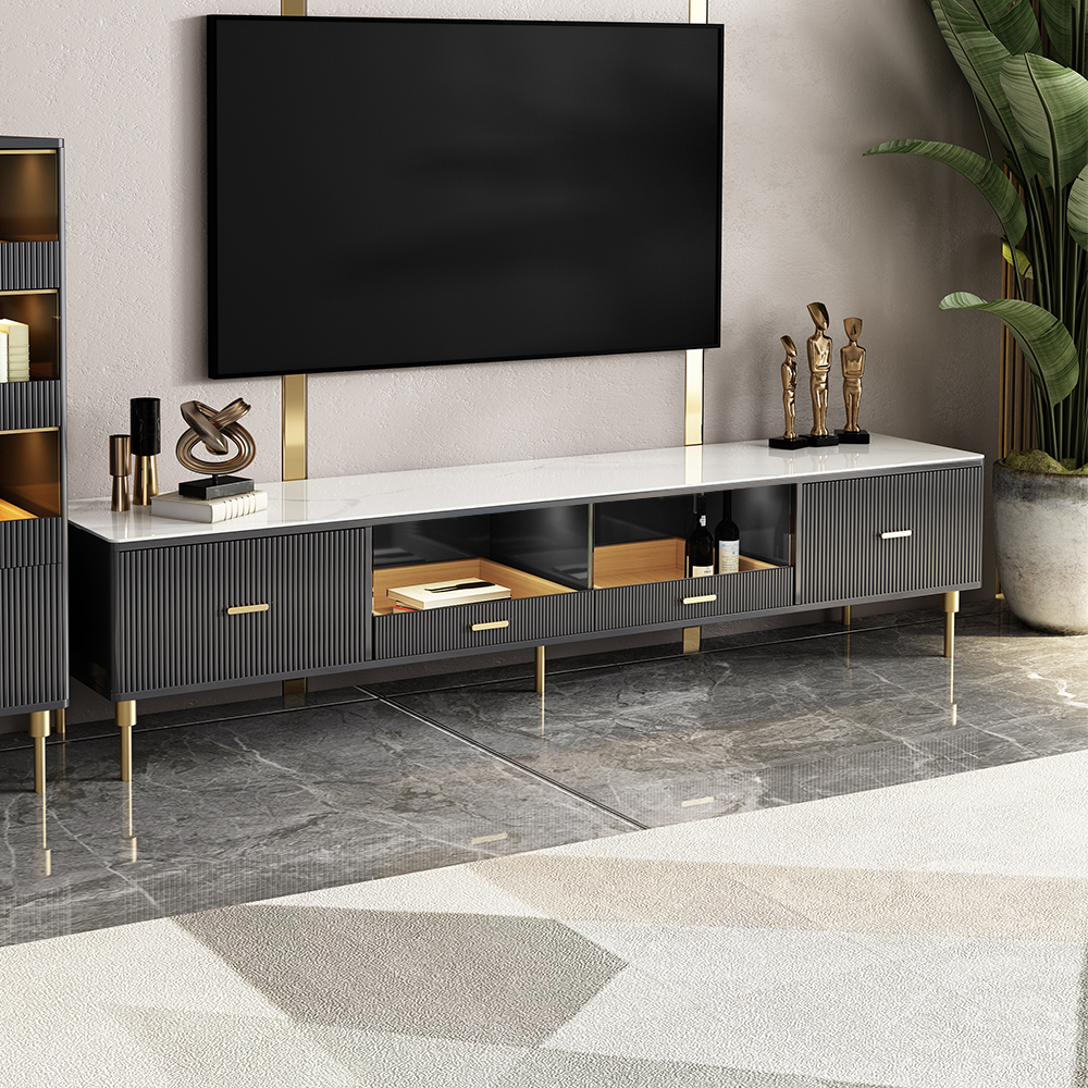 

Rectangular Stone Top TV Console with Storage in Black