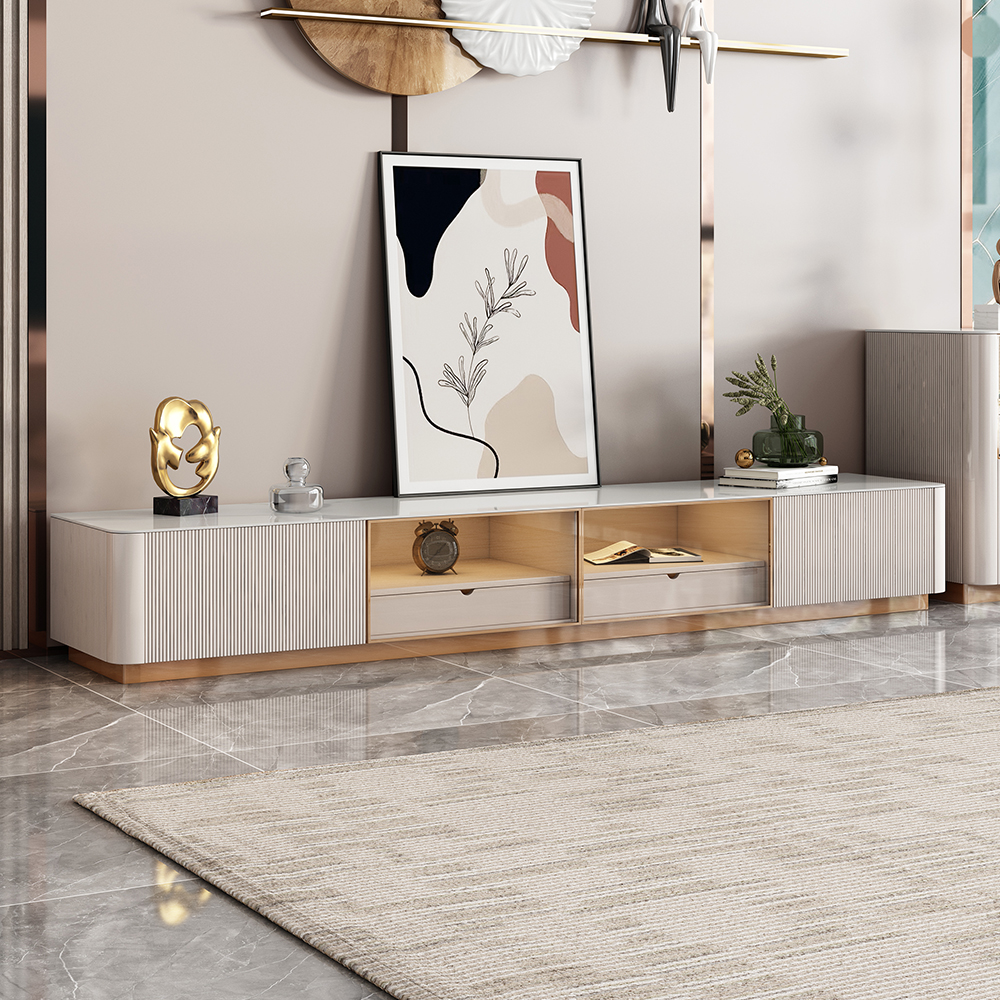 

Rectangular Stone Top TV Console with Storage in White