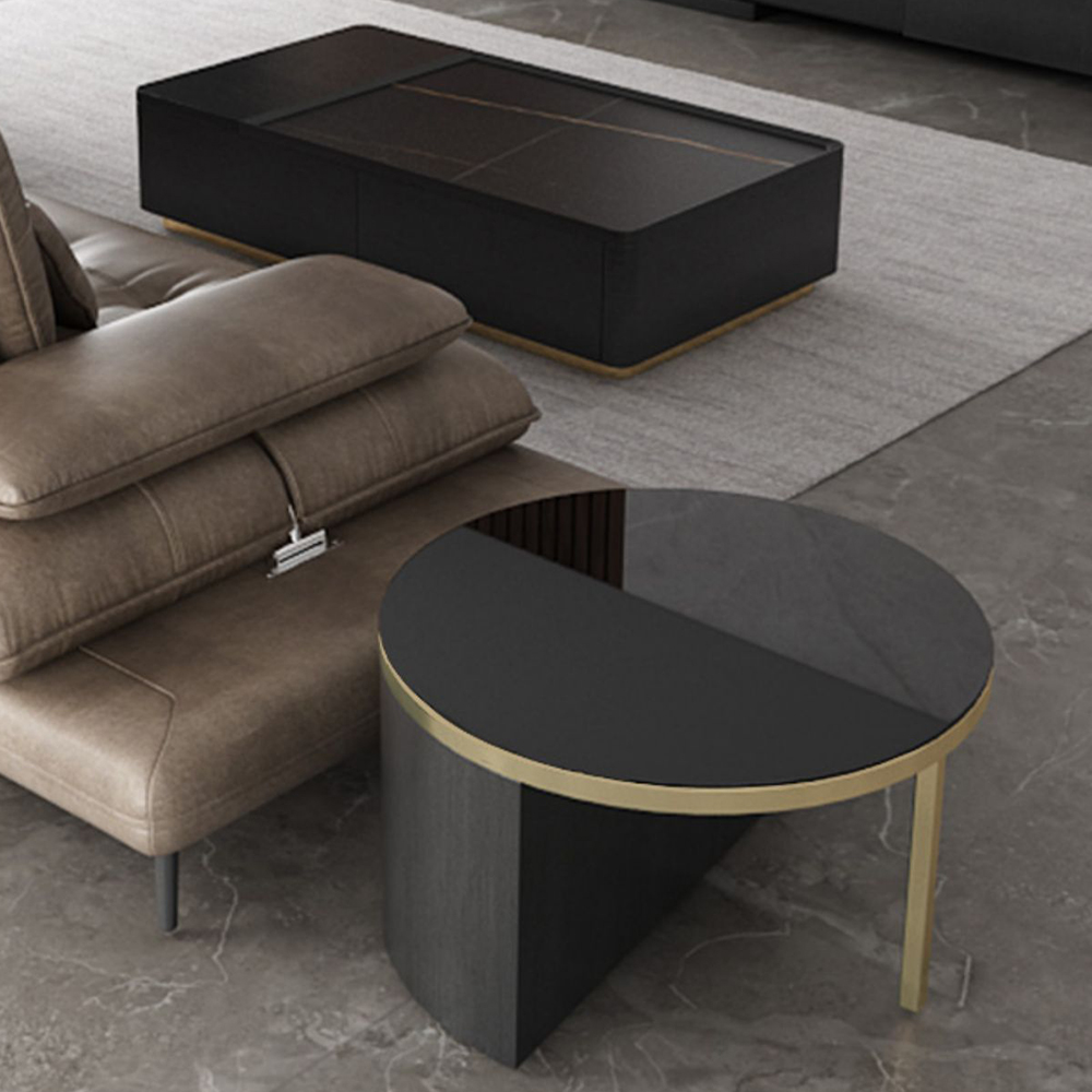 Modern Black Nesting Stone & Glass Coffee Table Set with 4 Storage