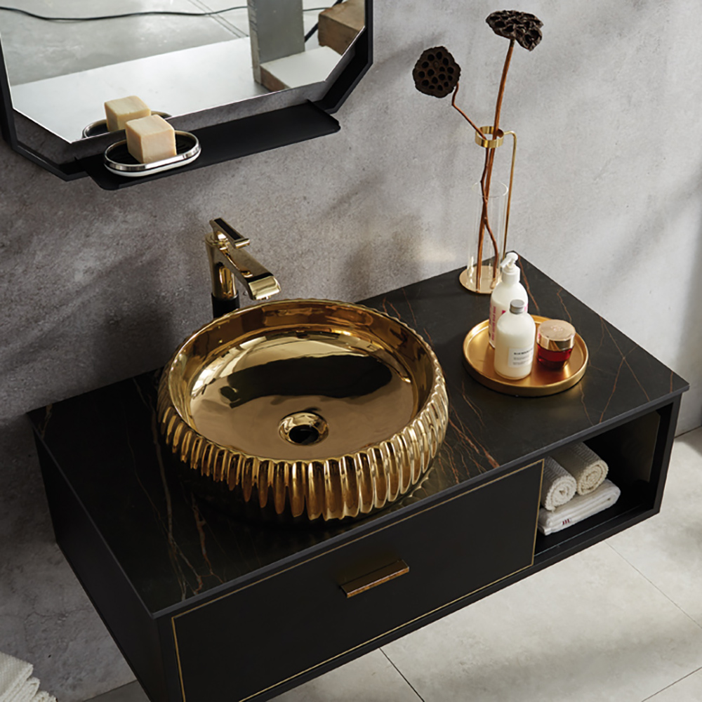 Black Floating Bathroom Vanity Stone Top 1 Drawer with Gold Ceramics Countertop Basin