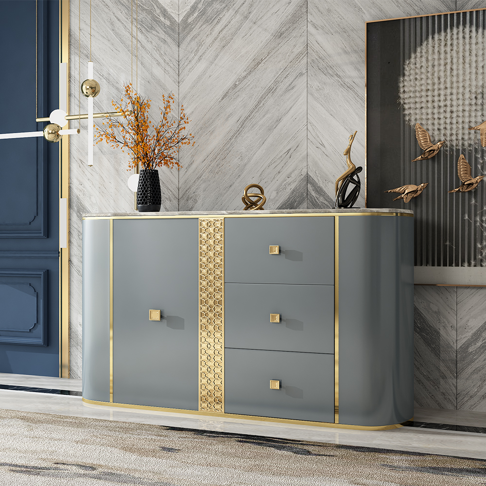 

Modern Oval Side Cabinet with Faux Leather Appearance Drawers & Shelves
