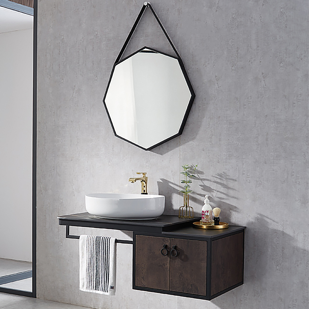 

Black Wall-Mounted Bathroom Vanity Layered Stone Top with Towel Hanging Rod with Mirror