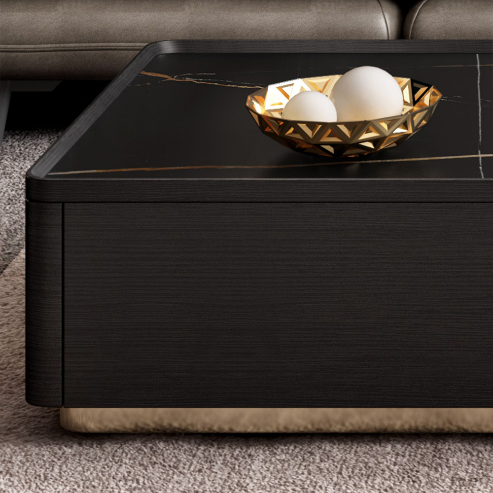 Modern Black Nesting Stone & Glass Coffee Table Set with 4 Storage