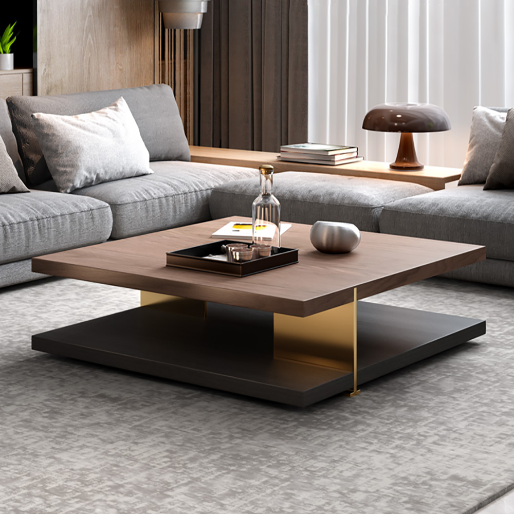 

Industrial Black & Walnut Square Pedestal Coffee Table Solid Wood Accent Table
