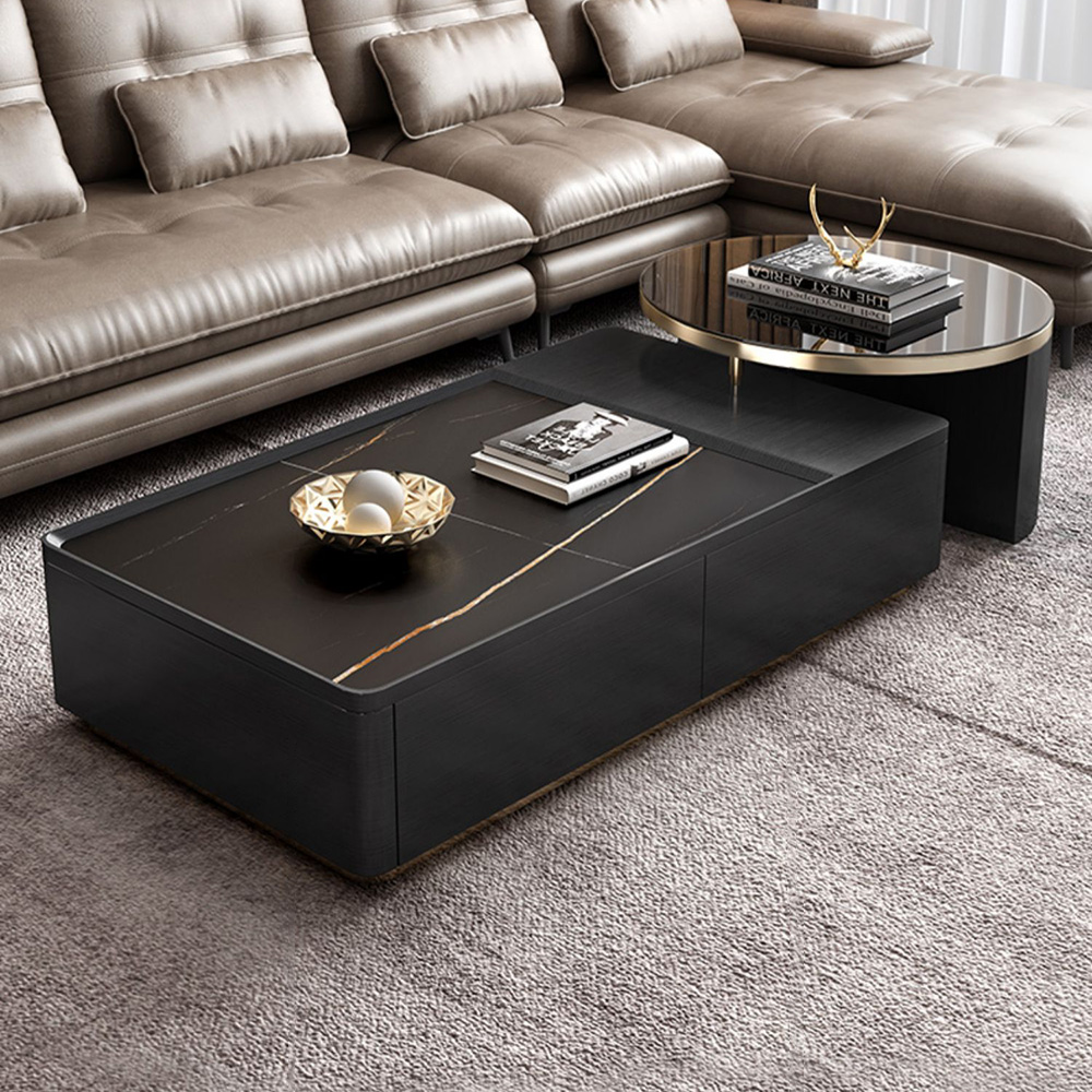 

Modern Black Nesting Stone & Glass Coffee Table Set with 4 Storage Drawers Set of 2