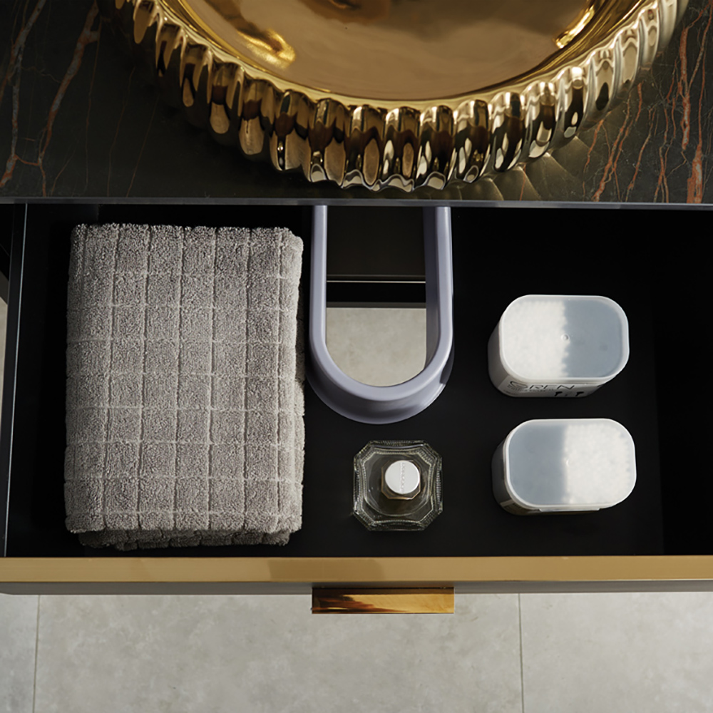 Black Floating Bathroom Vanity Stone Top 1 Drawer with Gold Ceramics Countertop Basin