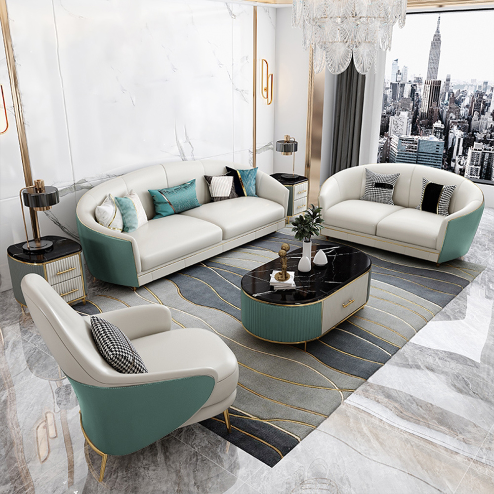 

3-Piece Set White & Green Faux Leather Sofa Set with Stainless Steel Legs