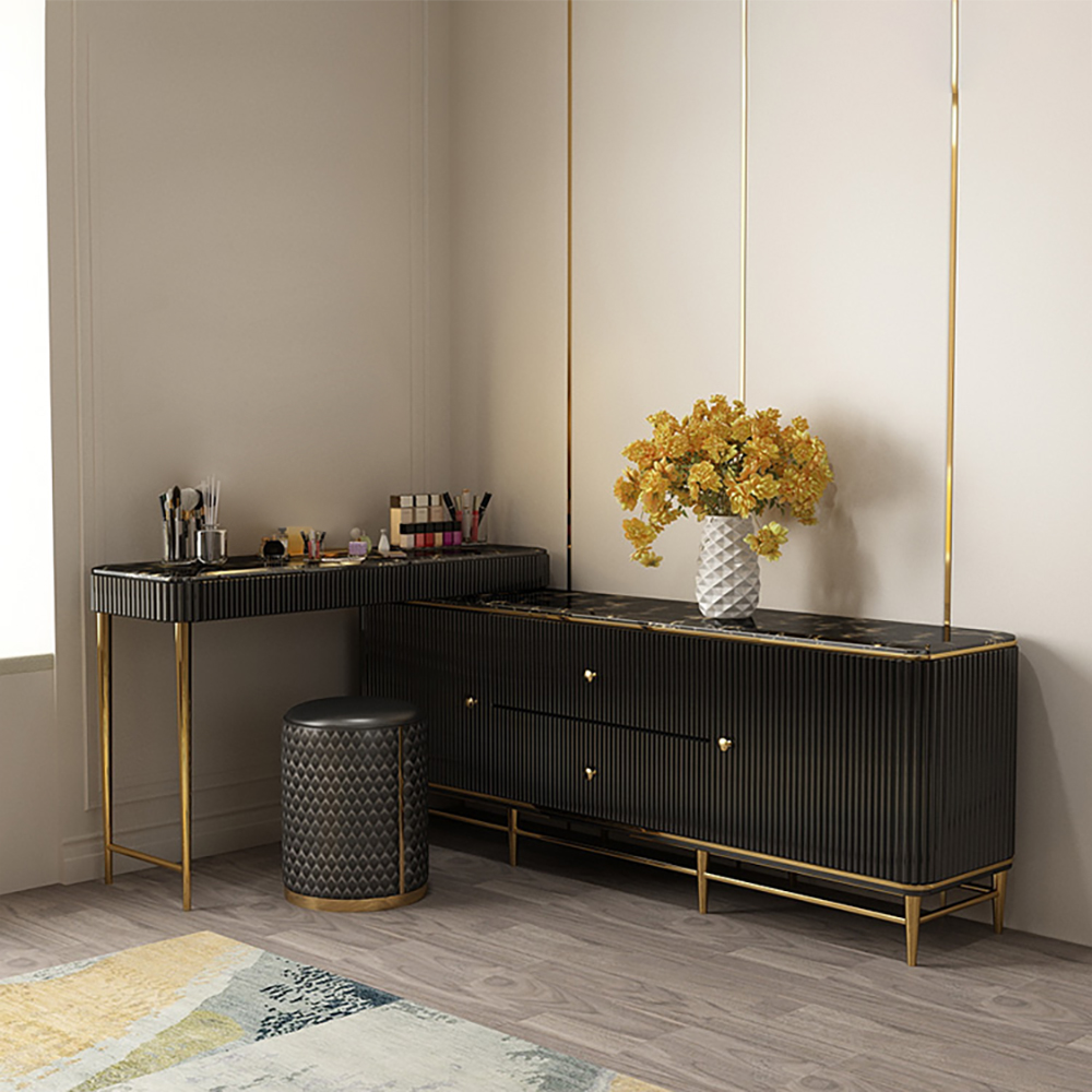 

Retractable Marble Top Makeup Vanity Table & Cabinet Combo with Storage Fit in Corner