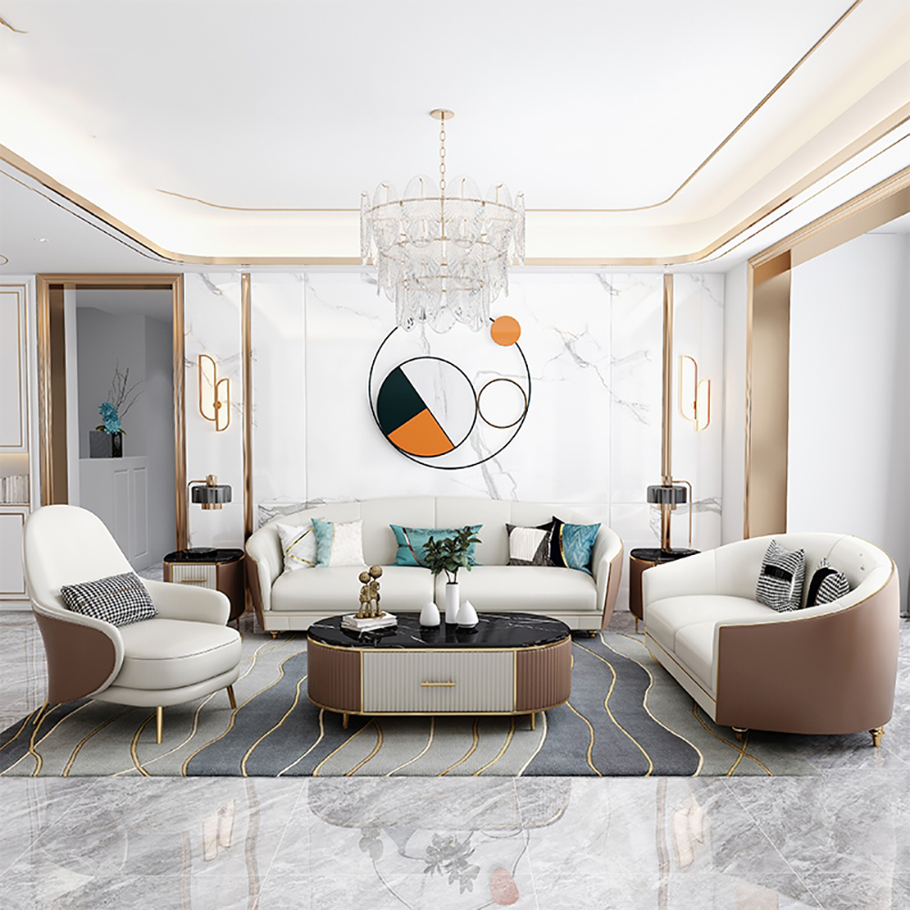 

3-Piece Set White & Brown Faux Leather Sofa Set with Stainless Steel Legs