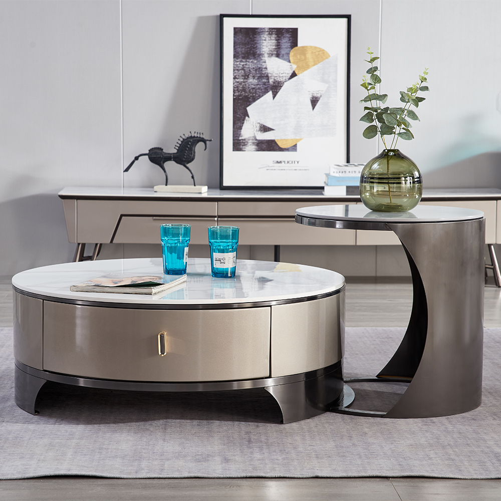 

Modern Round White Nesting Coffee Table Set with Stone Top 2-Piece Coffee Table
