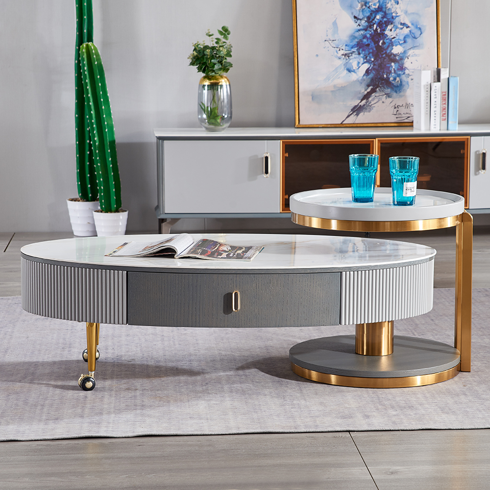 

Modern White & Gray Swivel Stone-top Coffee Table Combo with Storage and Side Table