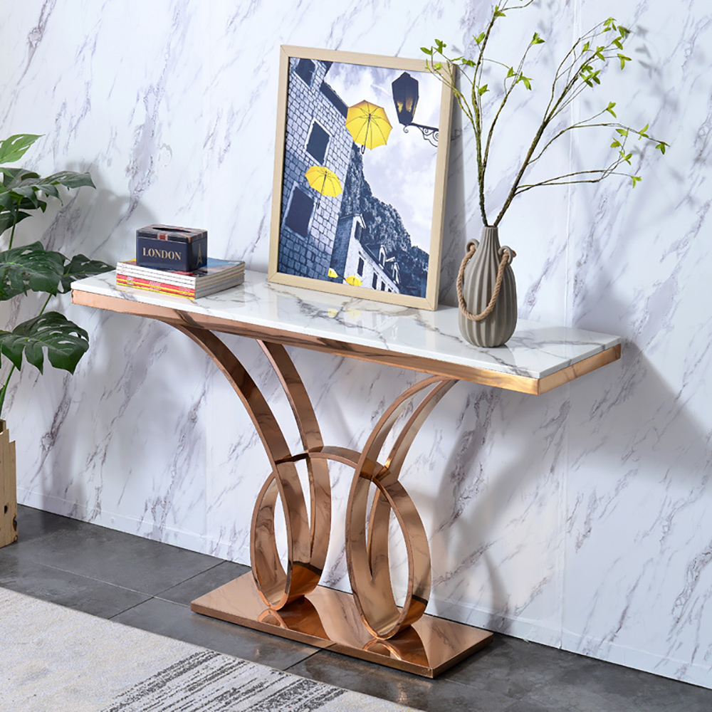 47.2" Contemporary White Marble Console Table Rose Gold Base Narrow Entryway Table